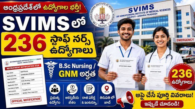 ఆంధ్రప్రదేశ్‌లో 236 స్టాఫ్ నర్స్ ఉద్యోగాల నోటిఫికేషన్ విడుదల – B.Sc నర్సింగ్/GNM ఉత్తీర్ణులైన విద్యార్థులు దరఖాస్తు చేసుకోవచ్చు..!