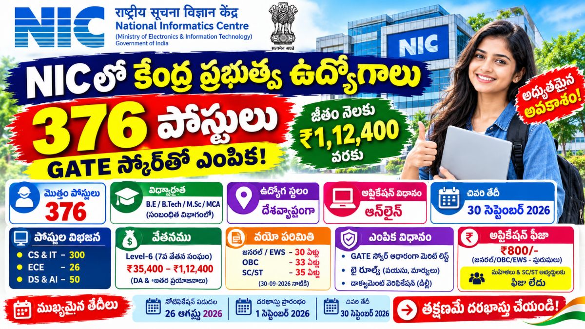NIC Recruitment 2026: NICలో 376 ఉద్యోగాల భర్తీ.. ఎంపికైన వారికీ  ₹1,12,400 వరకు జీతం.. పూర్తి వివరాలు.!